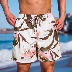 Men's Cupshe Tropical Print Swim Shorts - Pink & Brown